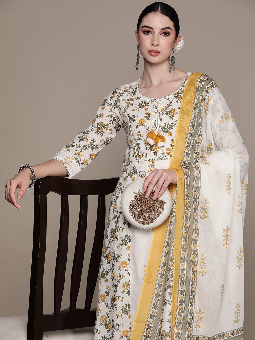 

Ishin Floral Printed Regular Mirror Work Pure Cotton Kurta with Trousers & With Dupatta, Off white