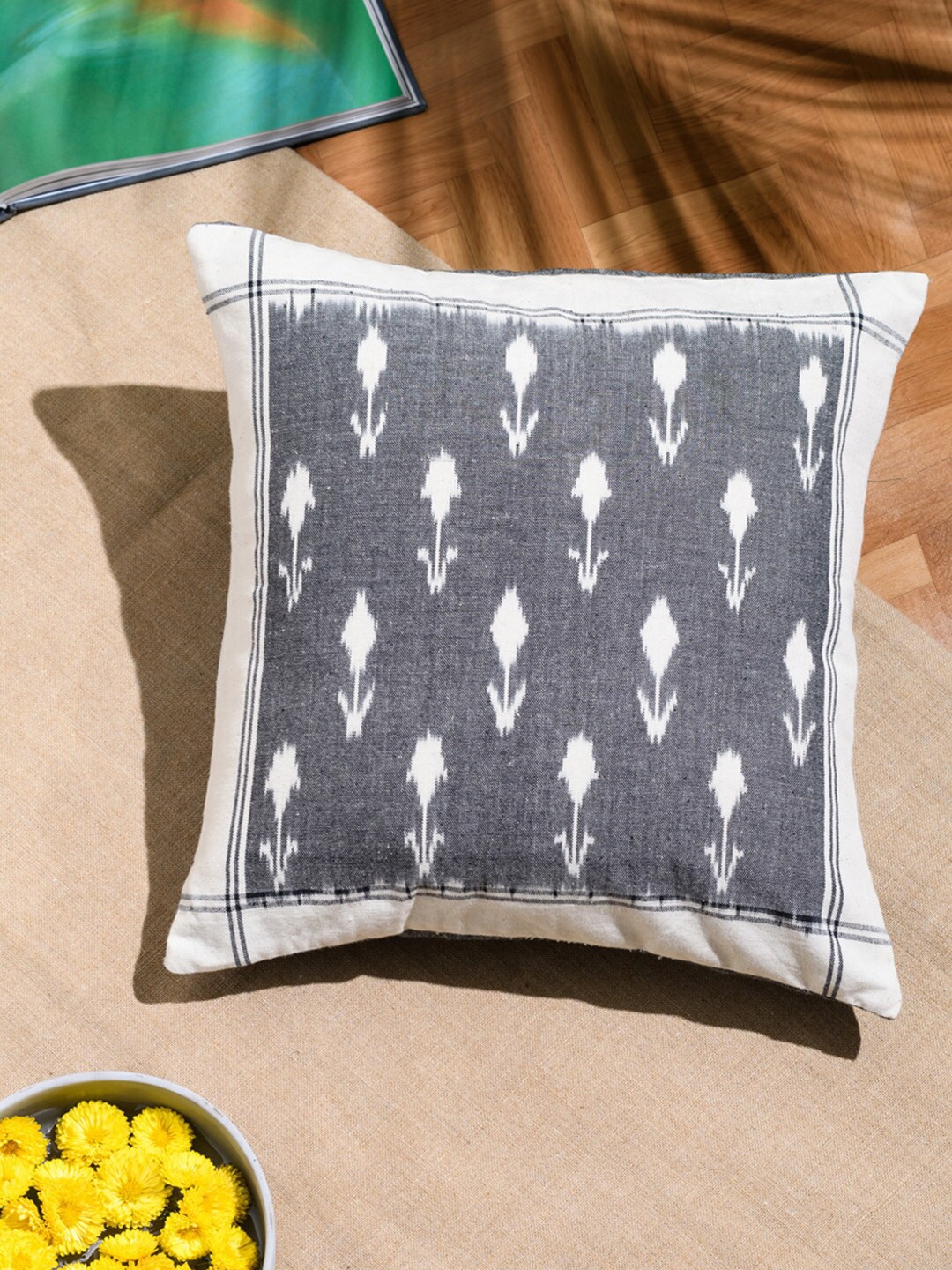 

Fabindia Grey & White Floral Cotton Square Cushion Cover