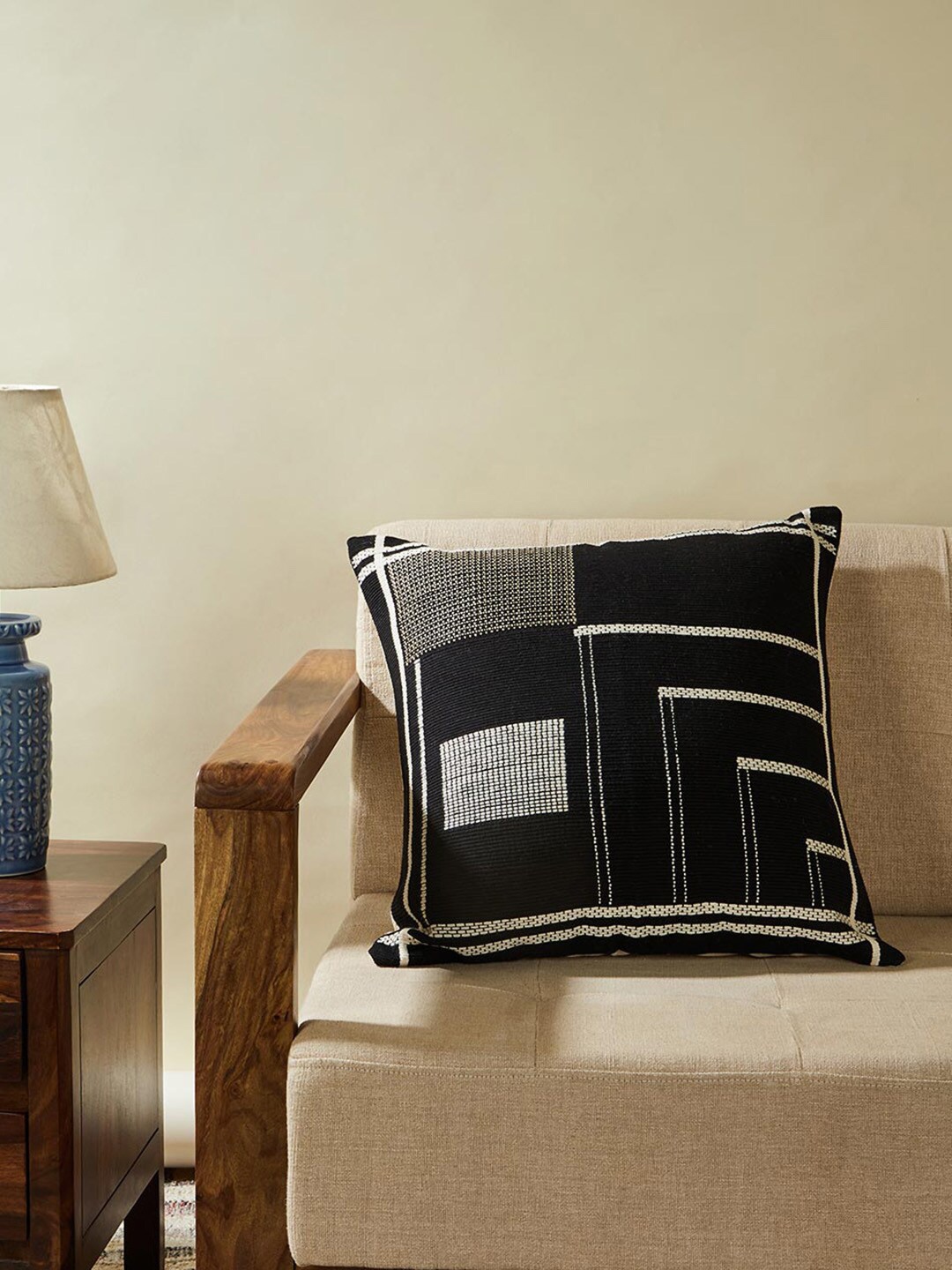 

Fabindia Black & Cream-Coloured Geometric Cotton Square Cushion Cover