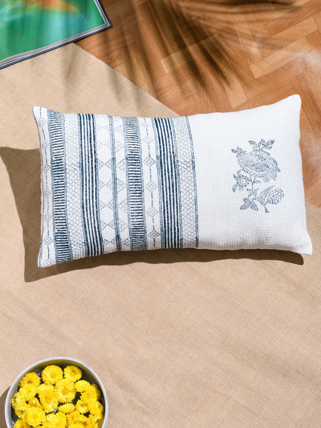 

Fabindia White & Blue Floral Rectangle Cotton Cushion Cover