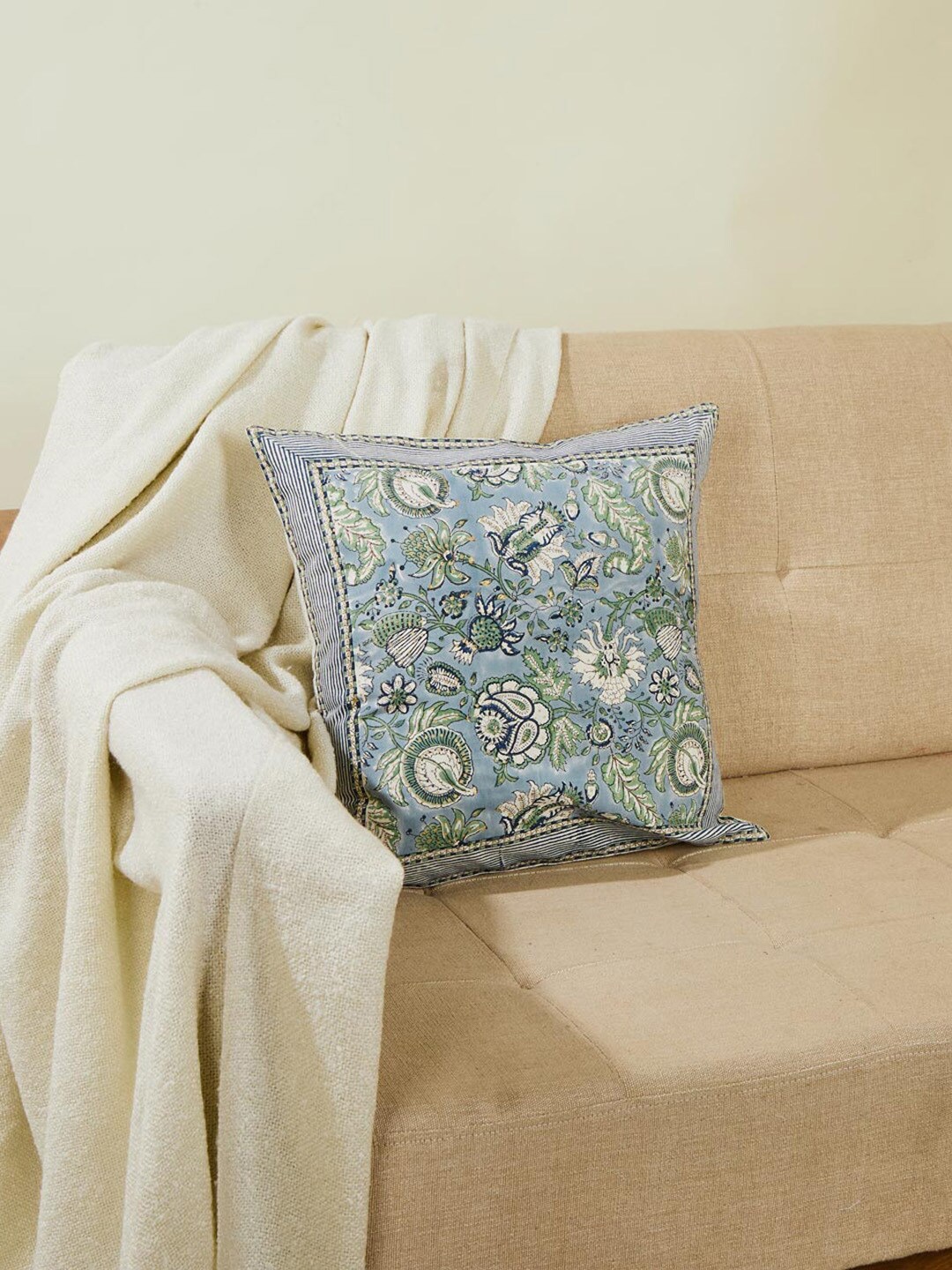 Fabindia Blue & Green Ethnic Motifs Square Cotton Cushion Cover