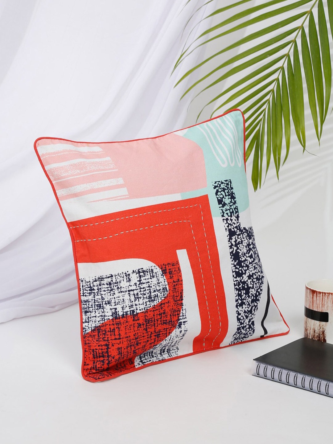 

Fabindia White & Pink Abstract Cotton Square Cushion Cover