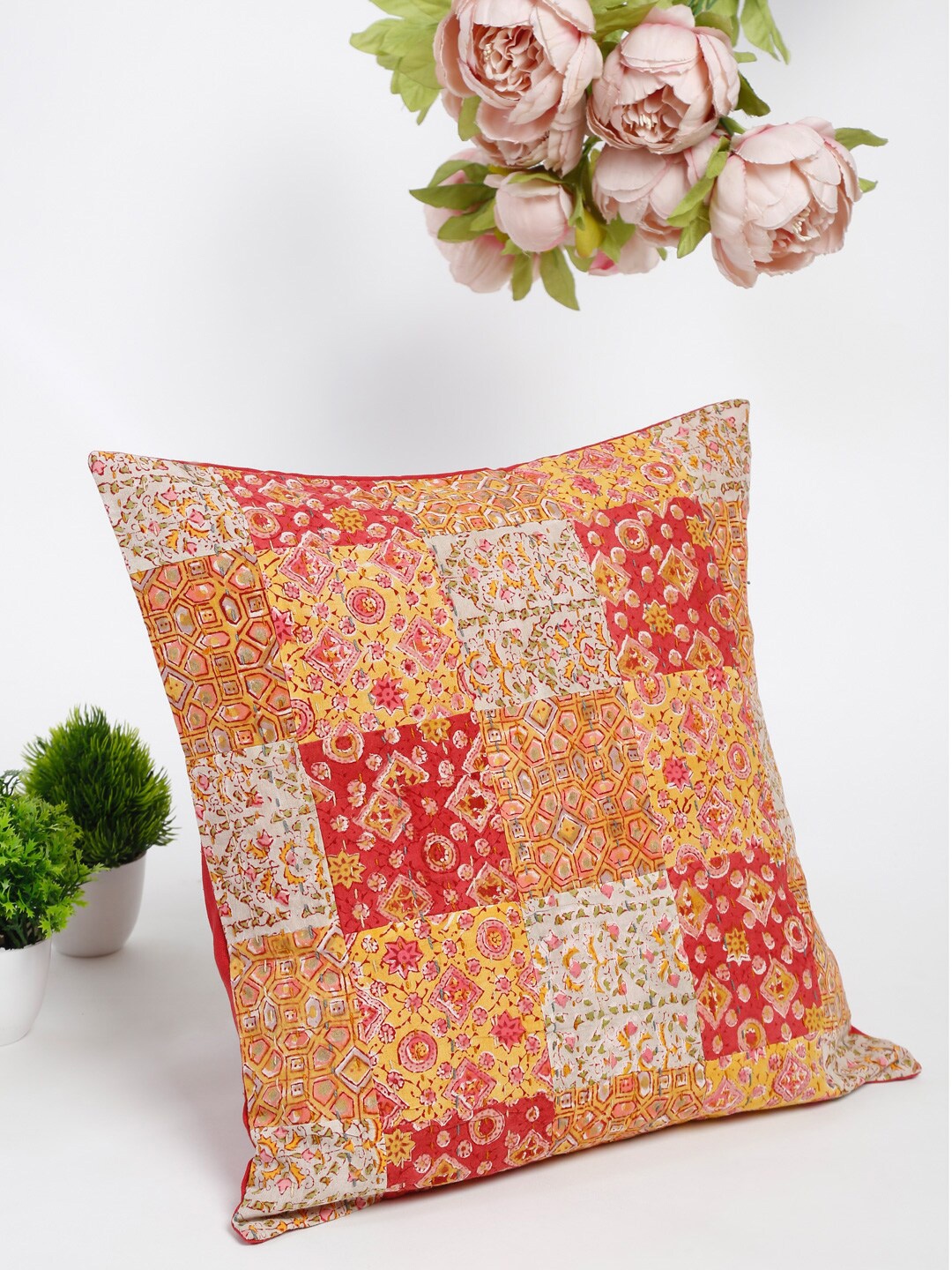 

Fabindia Yellow & Red Ethnic Motifs Cotton Square Cushion Cover