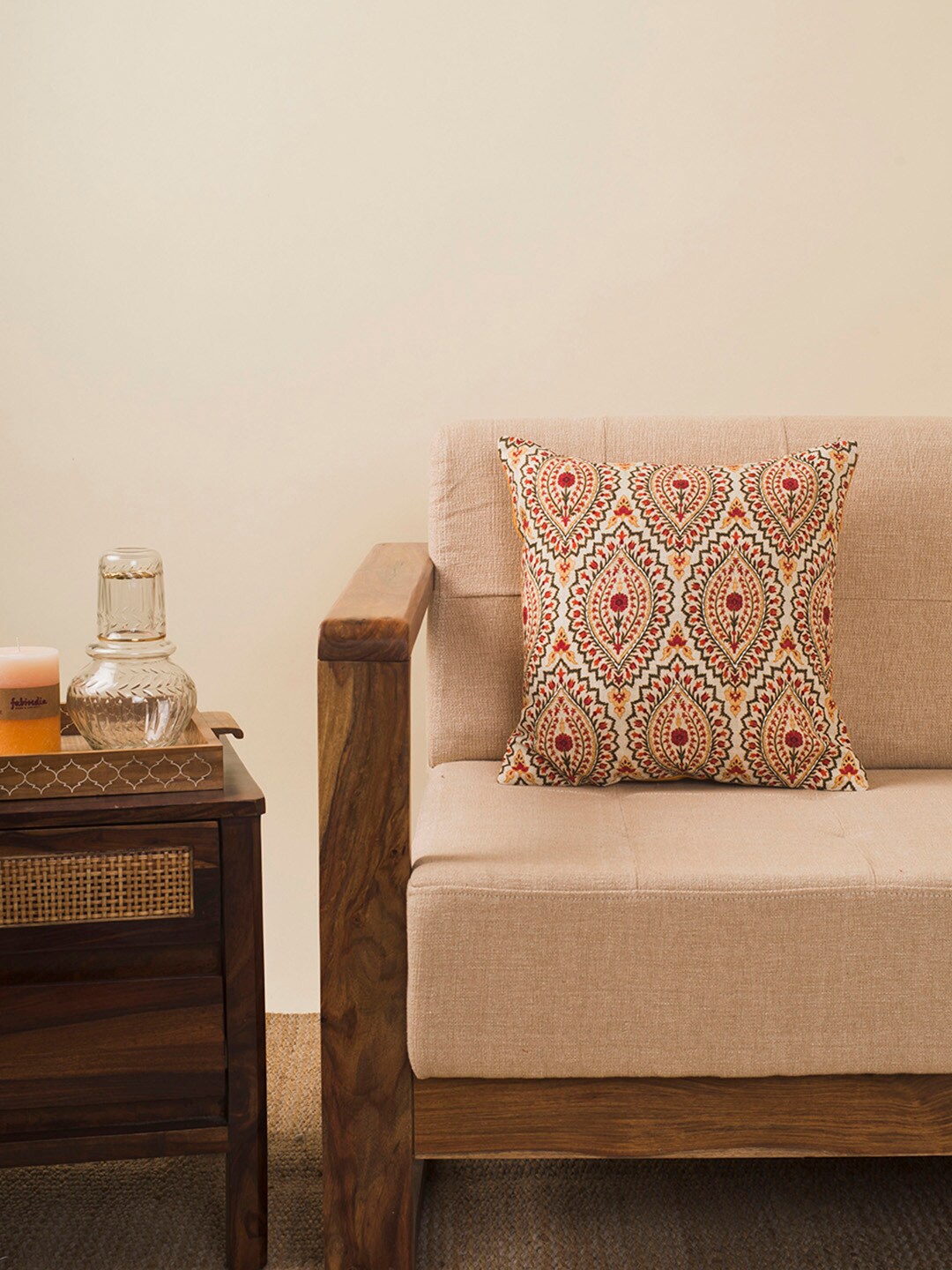 

Fabindia Off White & Red Ethnic Motifs Square Cotton Cushion Cover