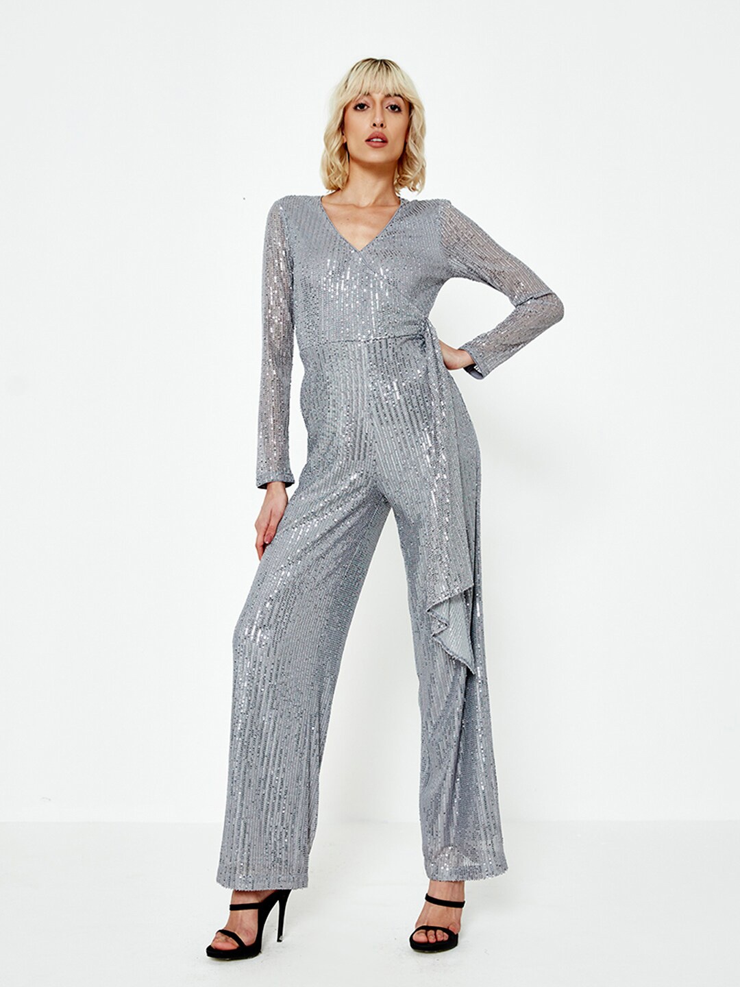 

COVER STORY Silver-Toned Embellished V-Neck Jumpsuit