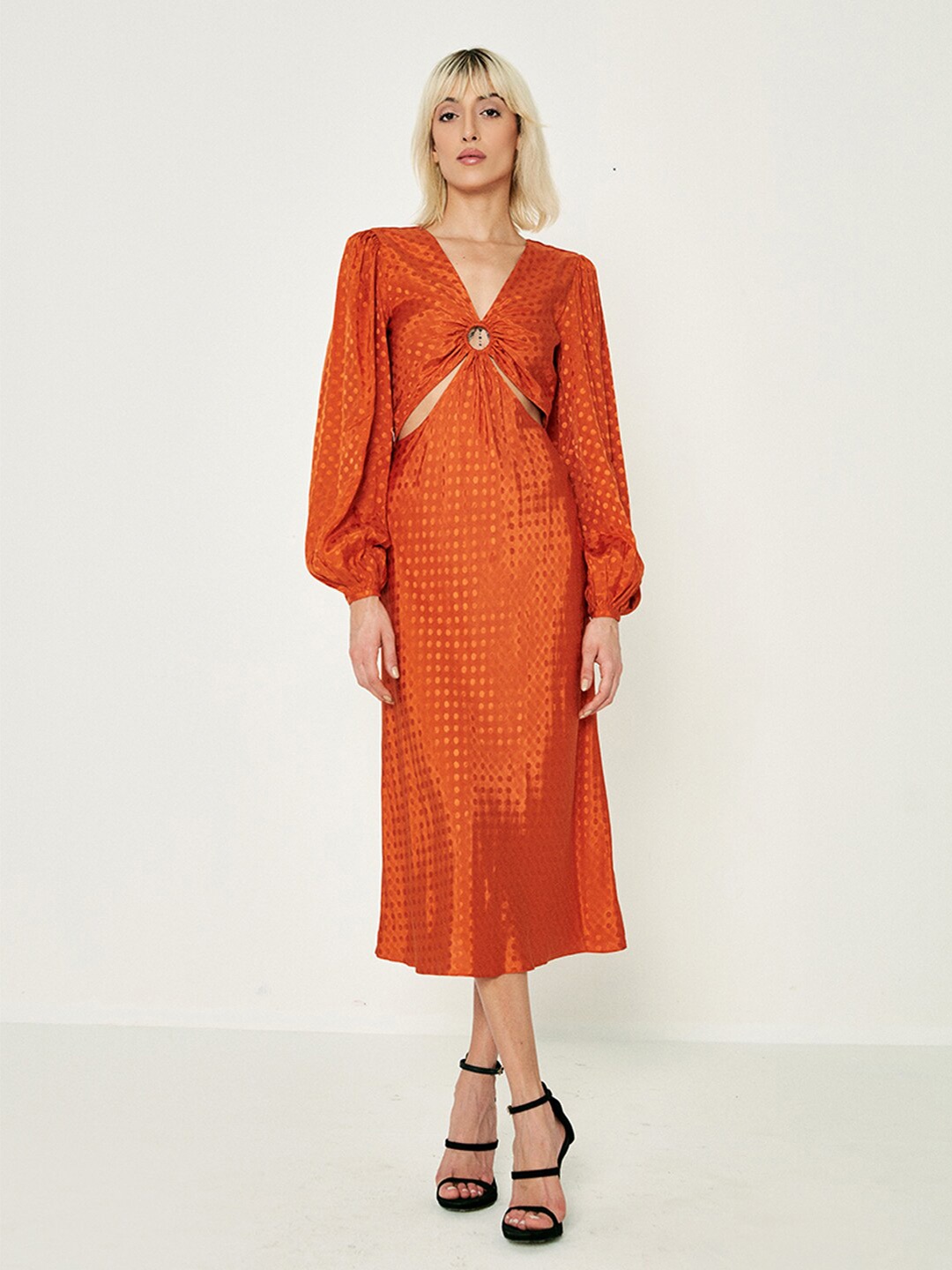 

COVER STORY Orange Self Design V-Neck Puff Sleeves Jacquard A-Line Midi Dress