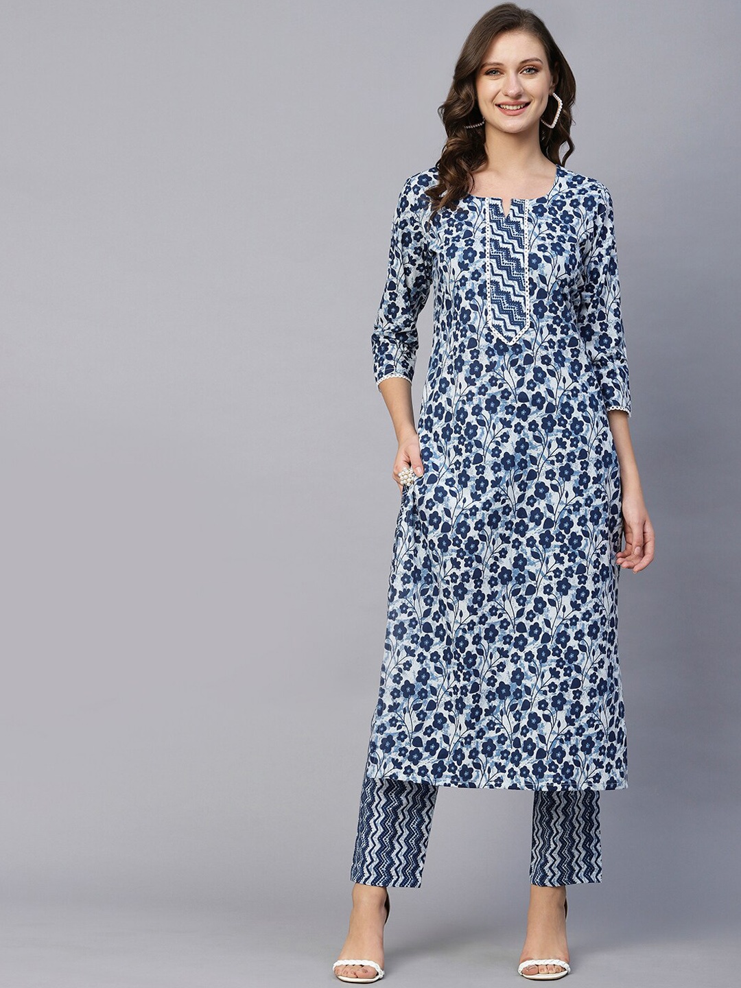 

KALINI Floral Printed Round Neck Kurta with Trousers, Blue