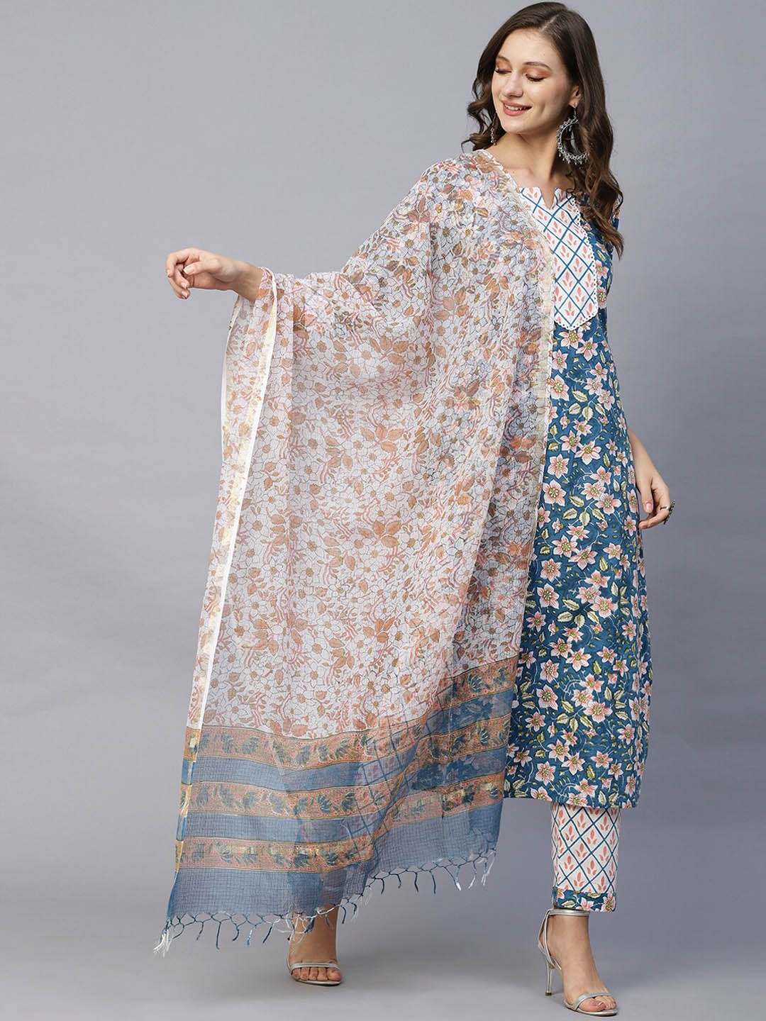 

KALINI Floral Printed Kurta with Trousers & With Dupatta, Blue