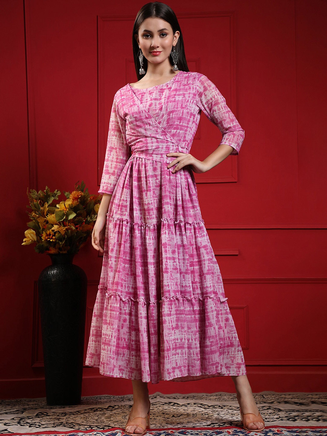 

KALINI Tie Dye Ruffled Tiered Georgette Fit & Flared Maxi Gown, Pink