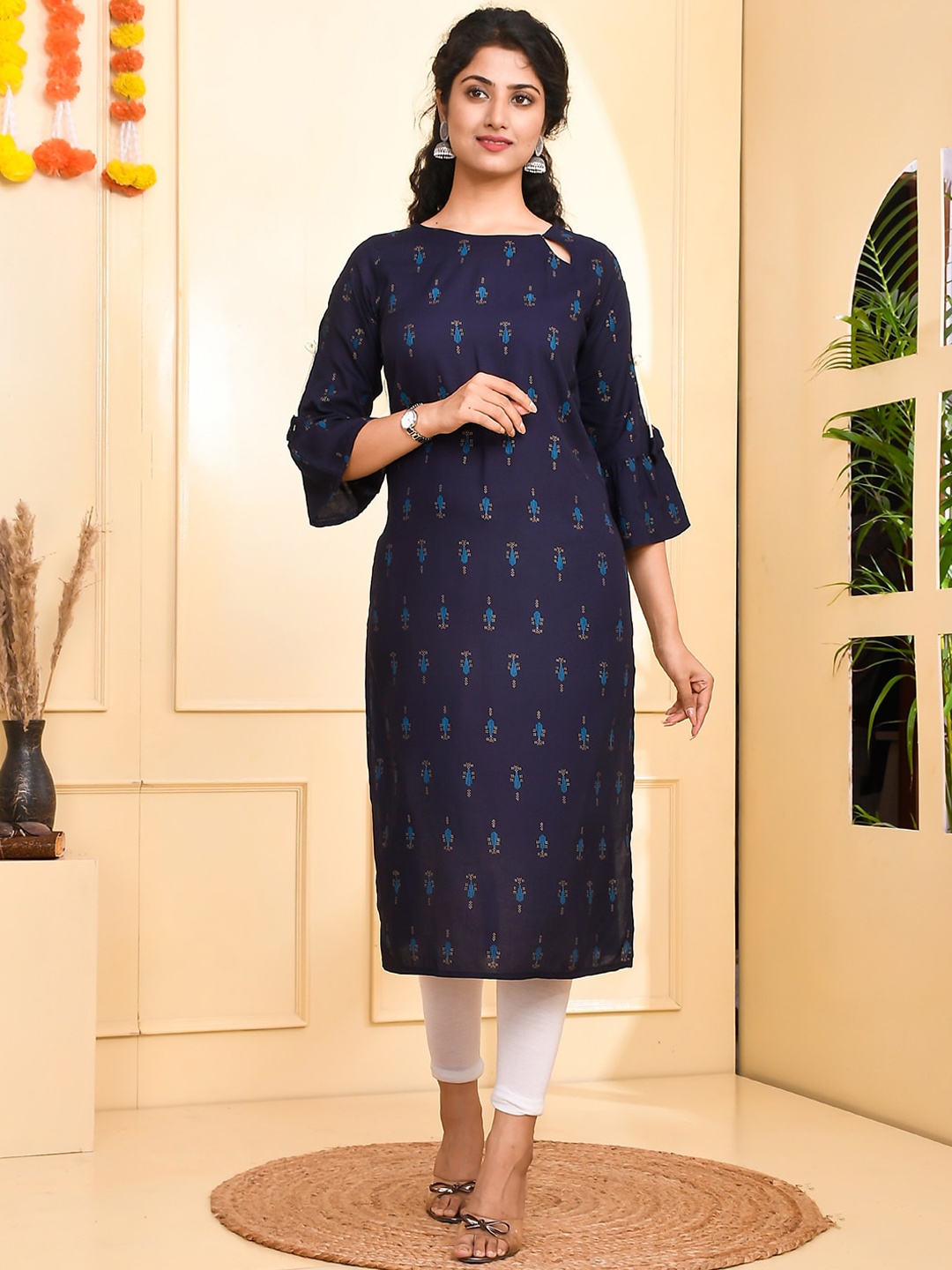 

KALINI Bell Sleeves Ethnic Motifs Printed Straight Kurta, Blue