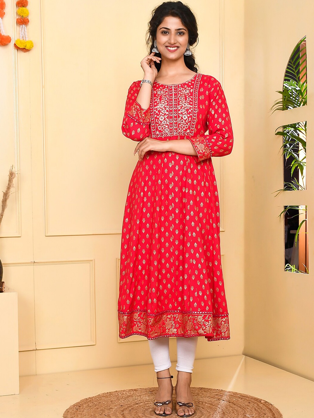 

KALINI Ethnic Motifs Printed Mirror Work A-Line Kurta, Red