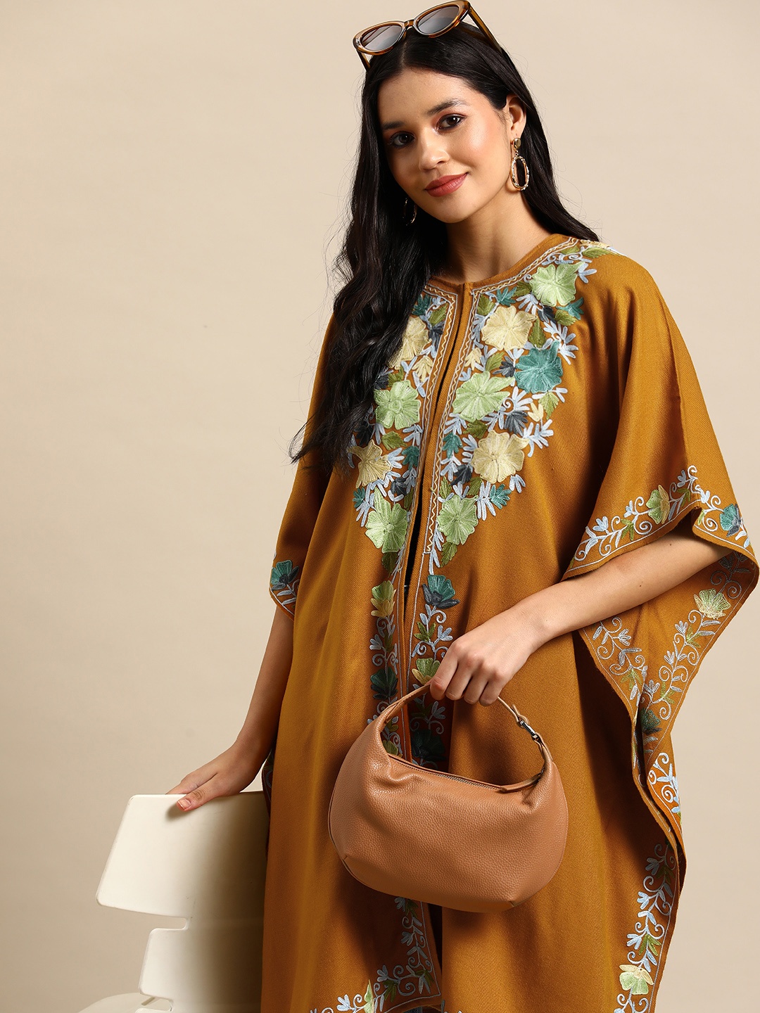 

Sangria Floral Embroidered Flared Sleeves Thread Work Acrylic Fusion Kaftan Kurta, Mustard