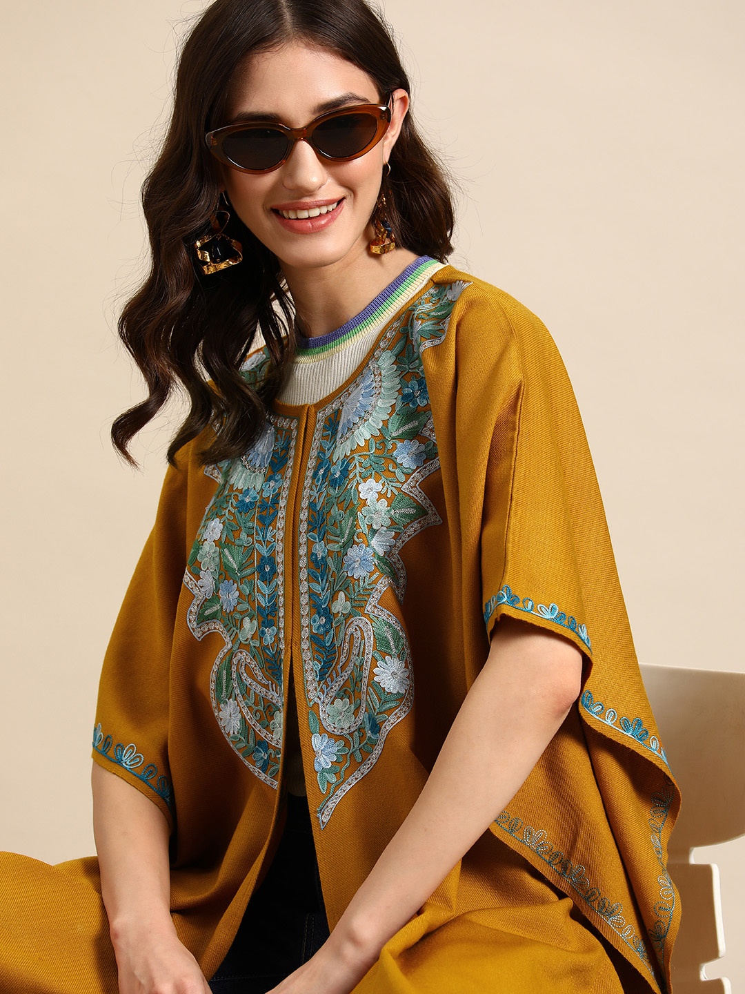 

Sangria Floral Embroidered Flared Sleeves Thread Work Acrylic Fusion Kaftan Kurta, Mustard