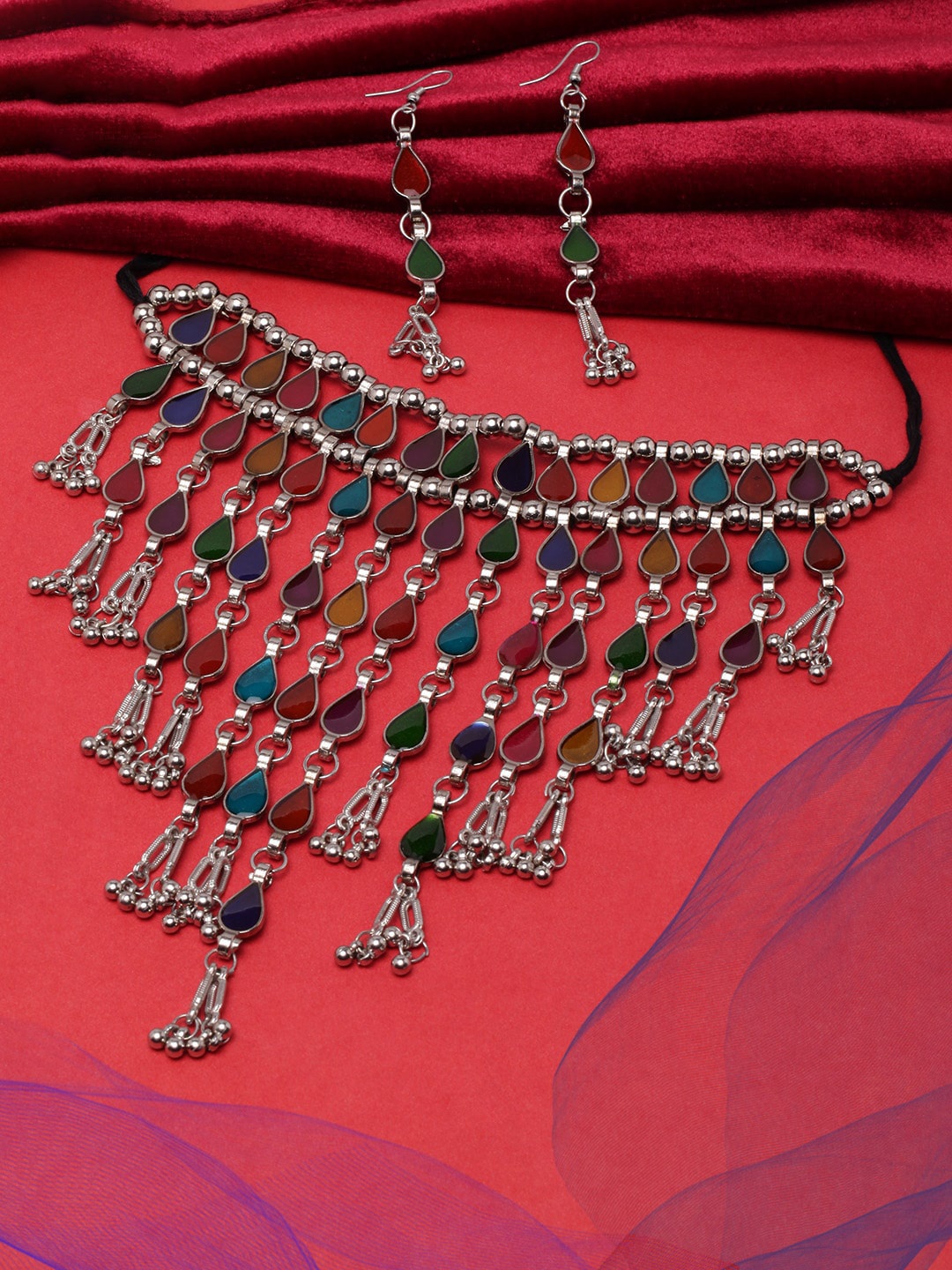 

DIVA WALK Silver-Plated Stone-Studded Layered Jewellery Set