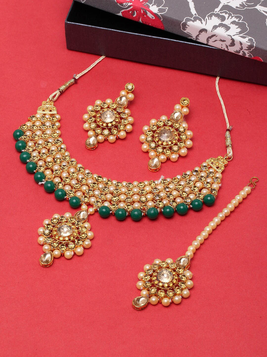 

DIVA WALK Gold-Plated Stone-Studded & Beaded Jewellery Set With Maangtika