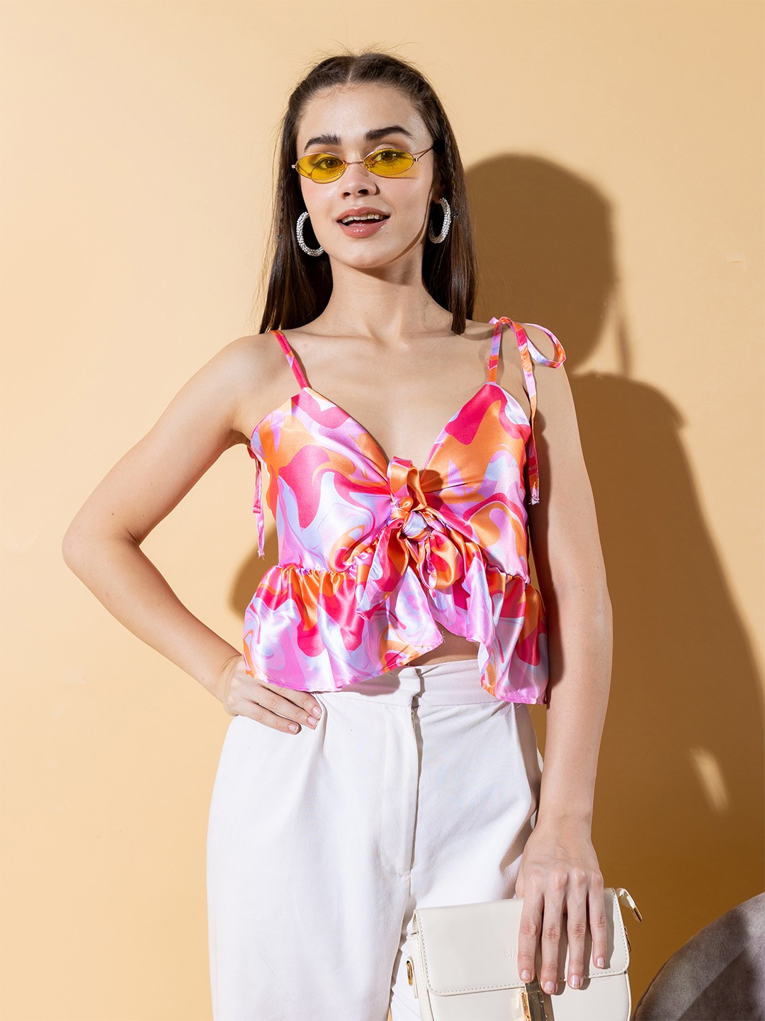 

Stylecast X Hersheinbox Abstract Printed Ruffles Detail Satin Finish Peplum Top, Multi