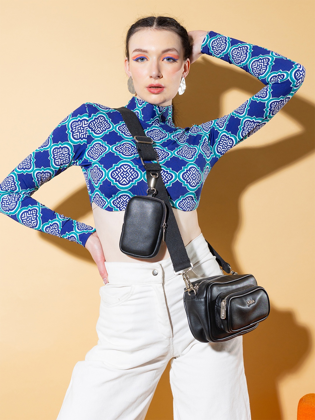 

Stylecast X Hersheinbox Geometric Print High-Neck Crop Top, Navy blue