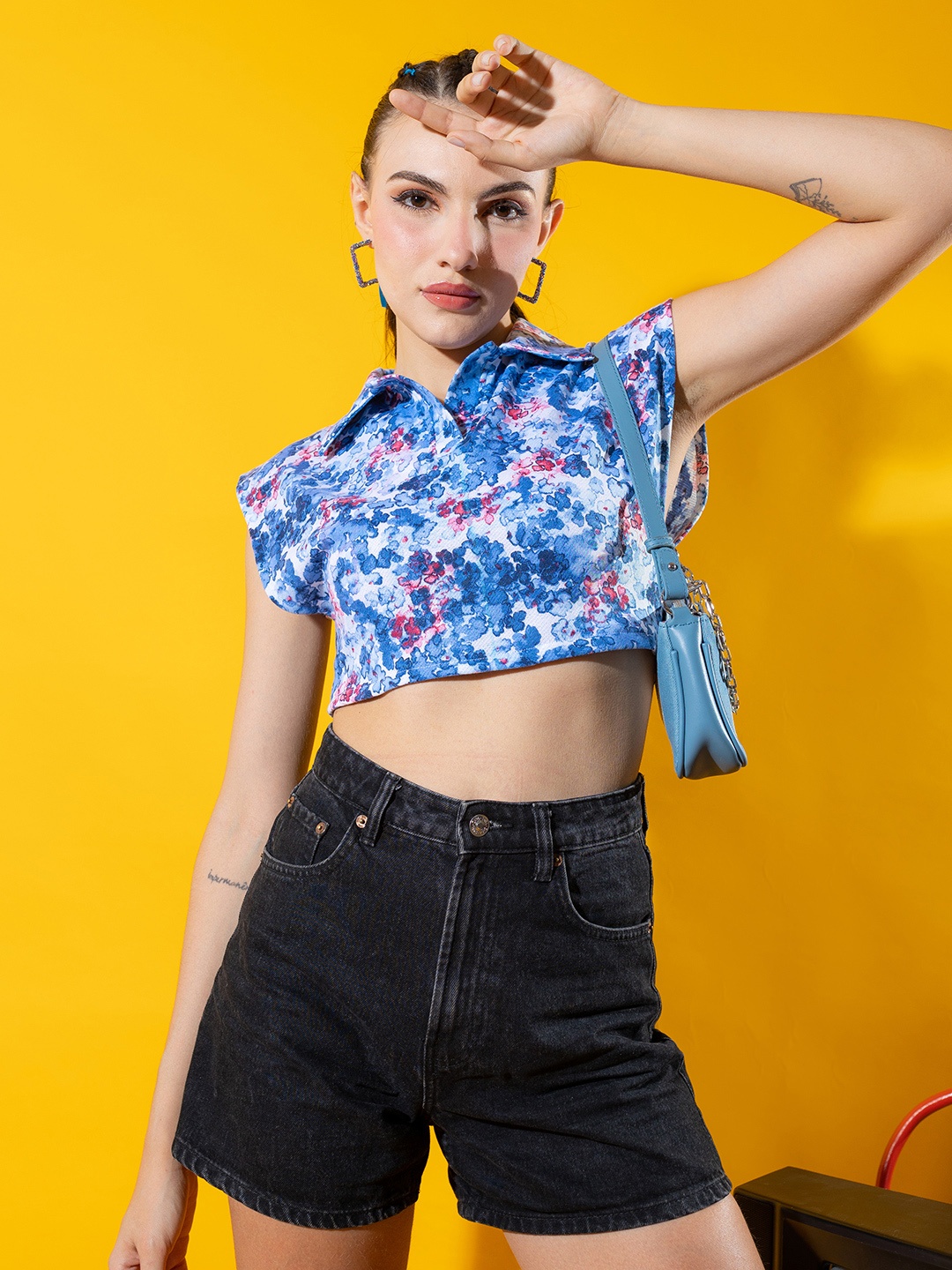 

Stylecast X Hersheinbox Floral Printed Extended Sleeves Cotton Crop Top, Blue