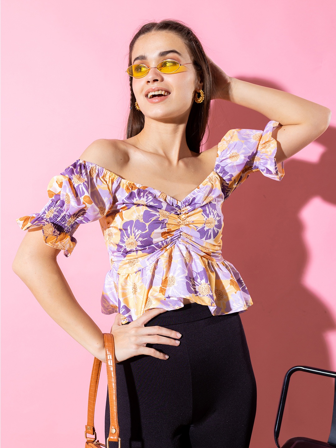

Stylecast X Hersheinbox Floral Print Off-Shoulder Puff Sleeve Peplum Top, Mustard