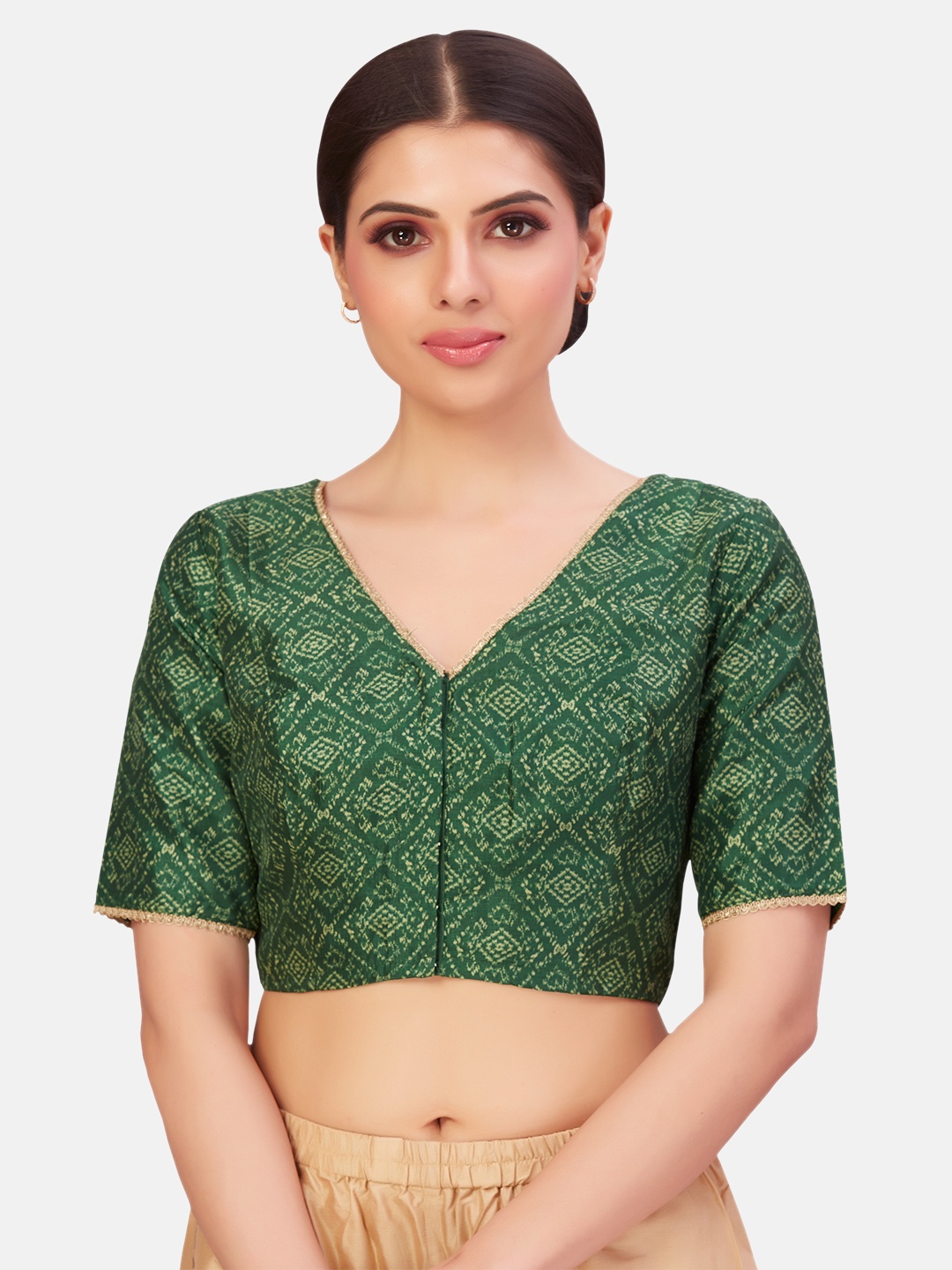 

Studio Shringaar Printed V-Neck Readymade Saree Blouse, Green