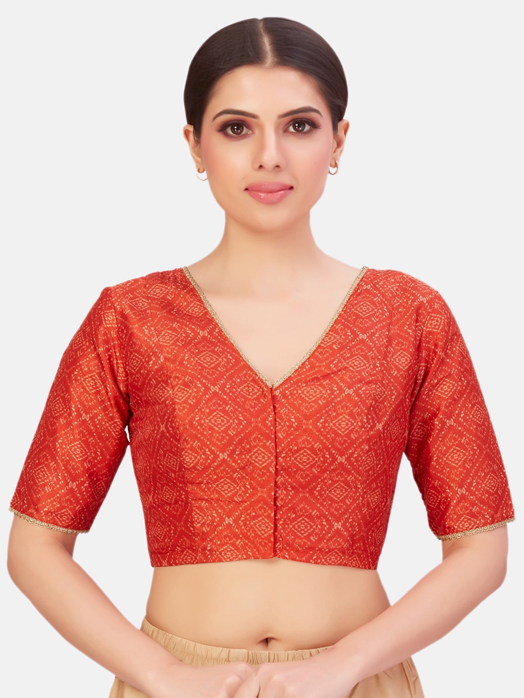 

Studio Shringaar Printed V-Neck Readymade Saree Blouse, Orange