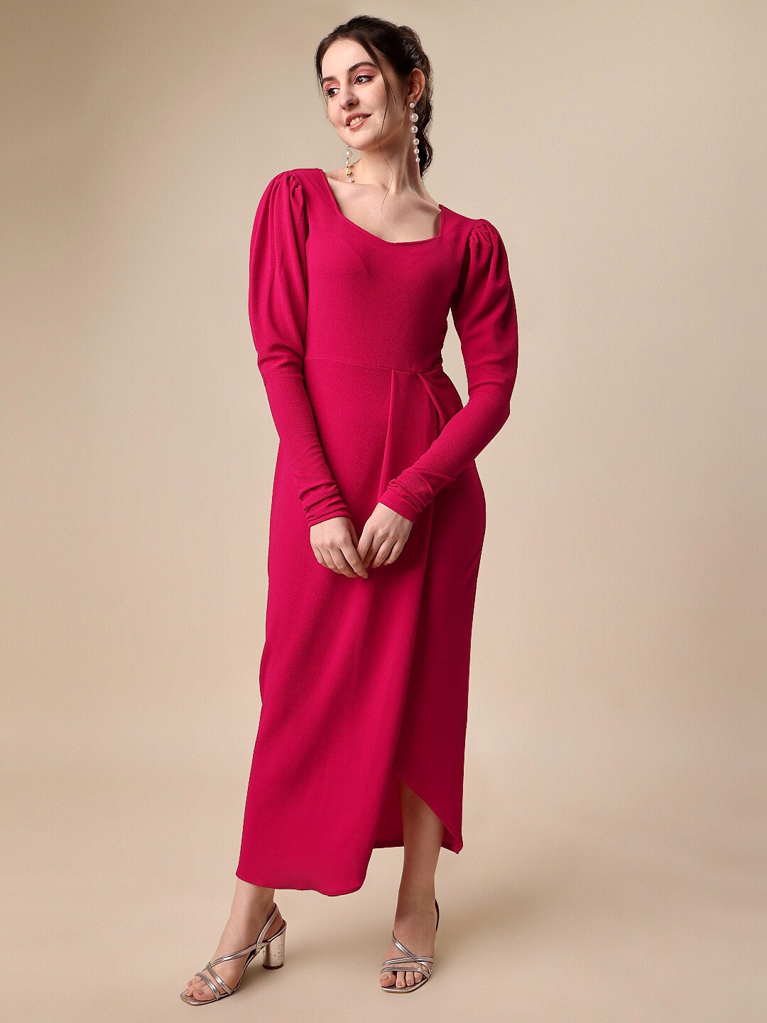 

SHEETAL Associates Puff Sleeves Layered Crepe Maxi Dress, Pink