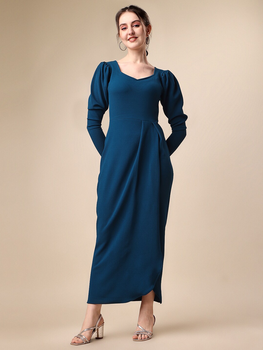 

SHEETAL Associates Puff Sleeve Layered Crepe Maxi Dress, Teal