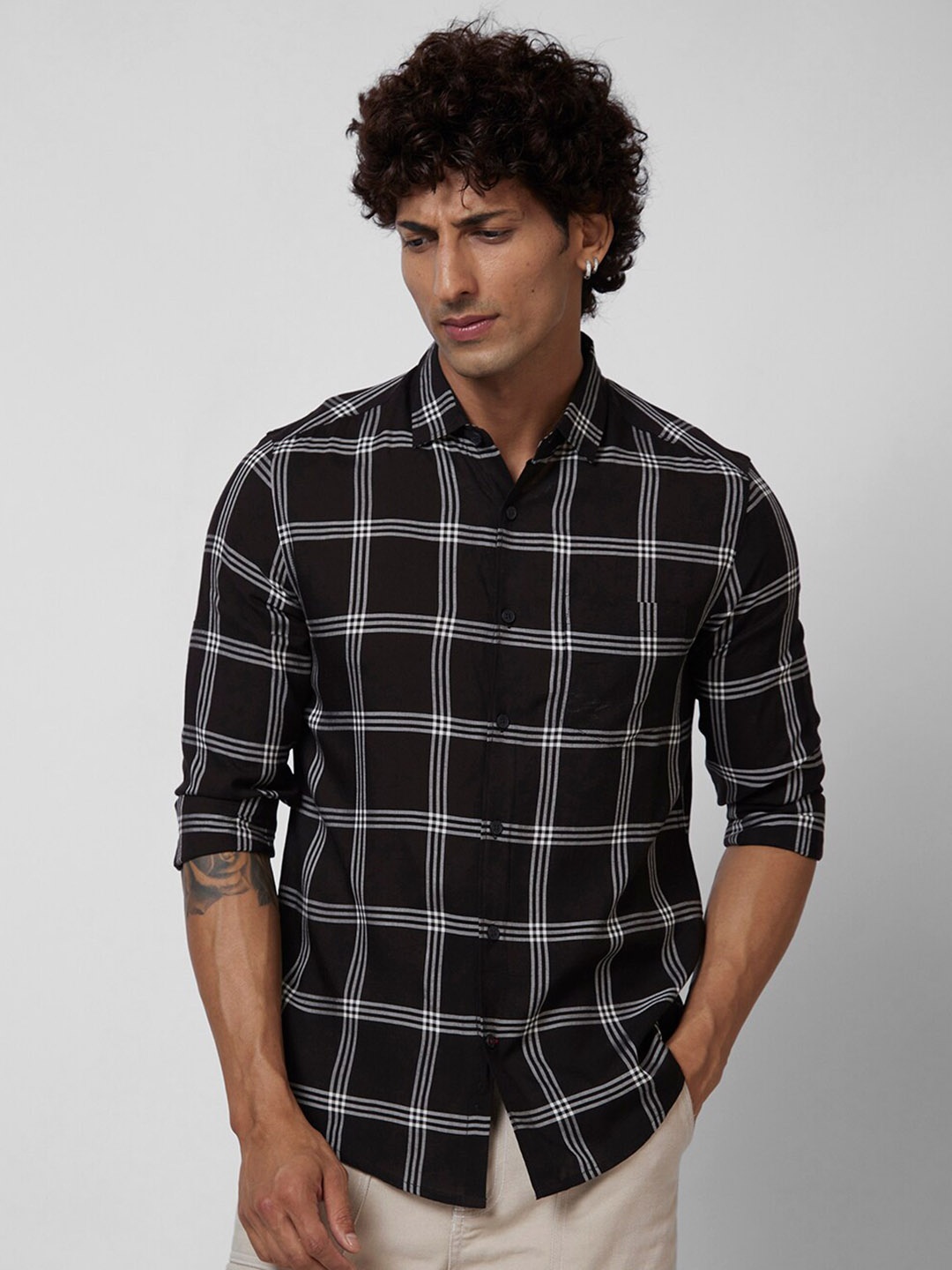 

VASTRADO Tartan Checked Cotton Casual Shirt, Black