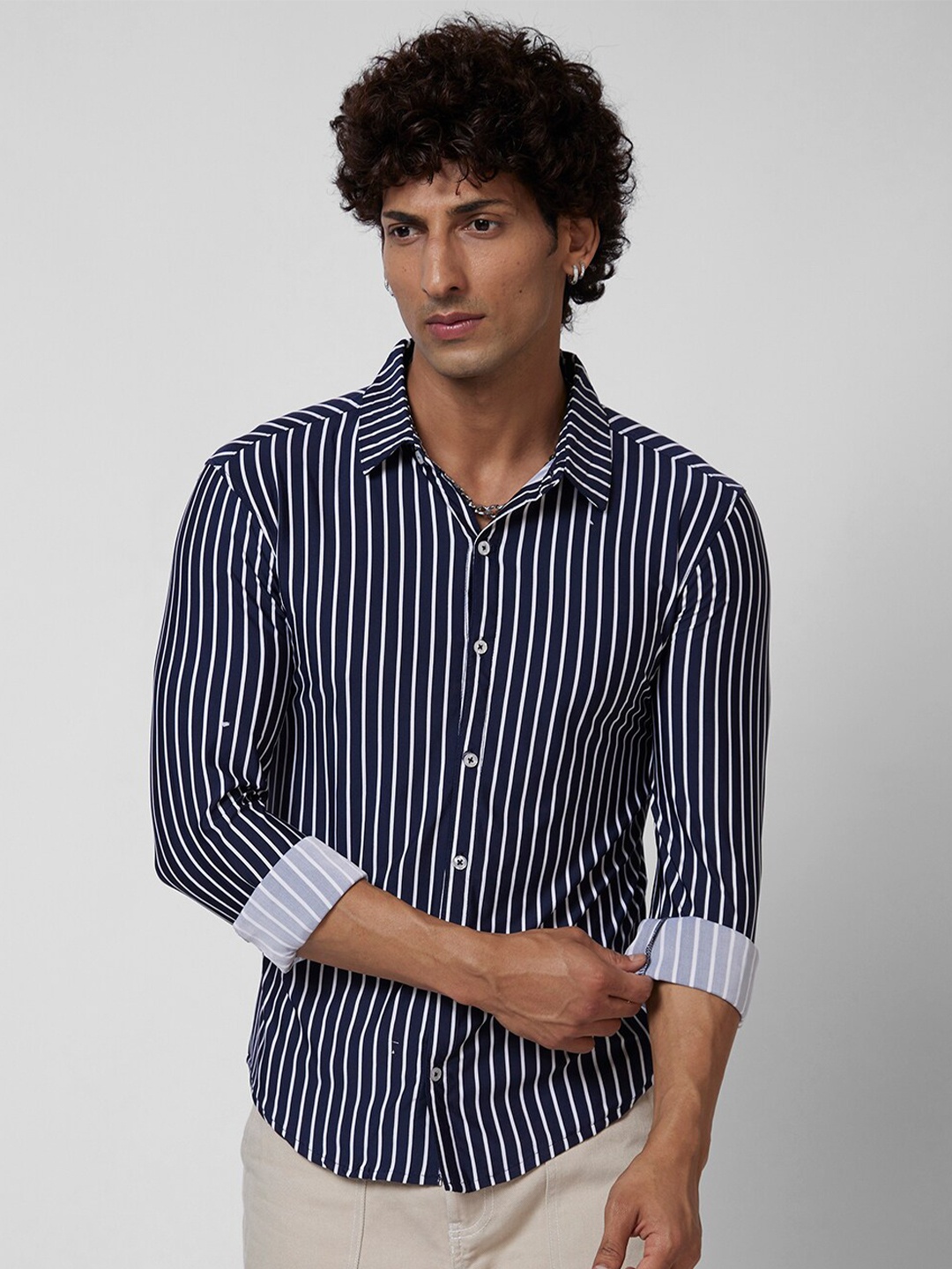 

VASTRADO Striped Cotton Casual Shirt, Navy blue