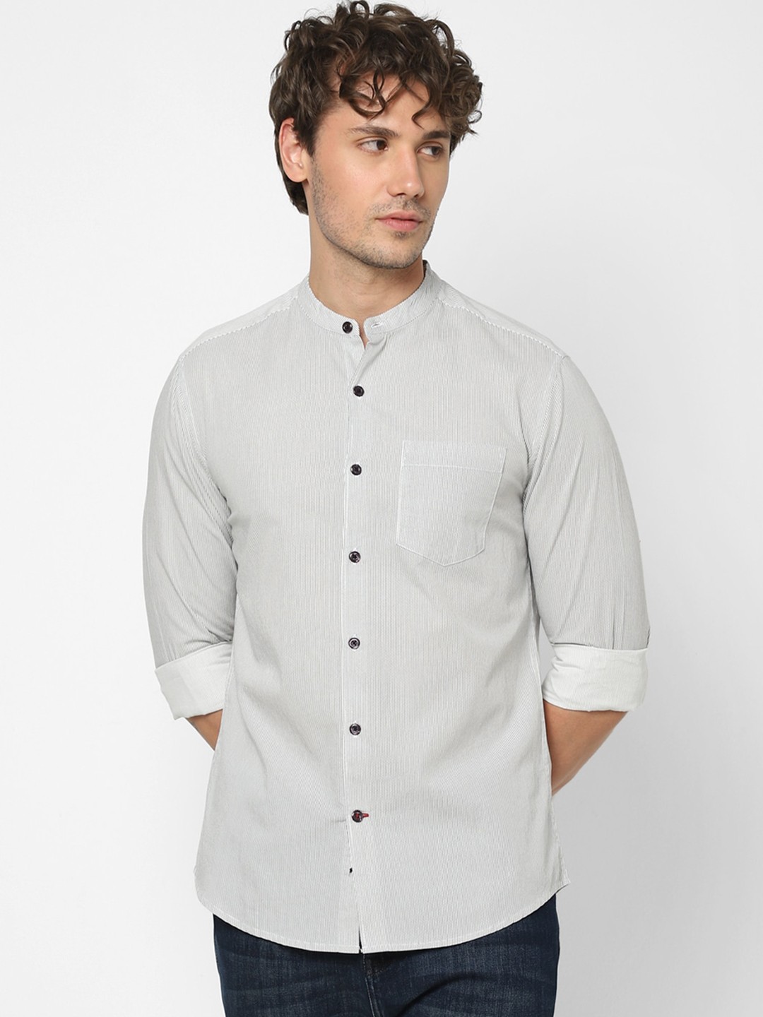 

VASTRADO Mandarin Collar Cotton Opaque Casual Shirt, White