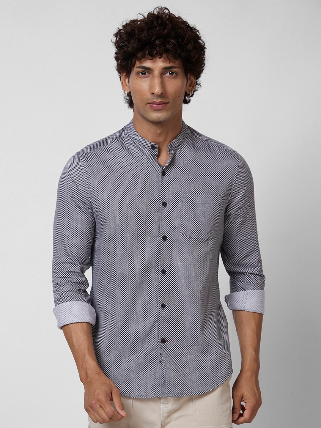 

VASTRADO Mandarin Collar Striped Cotton Opaque Casual Shirt, Black