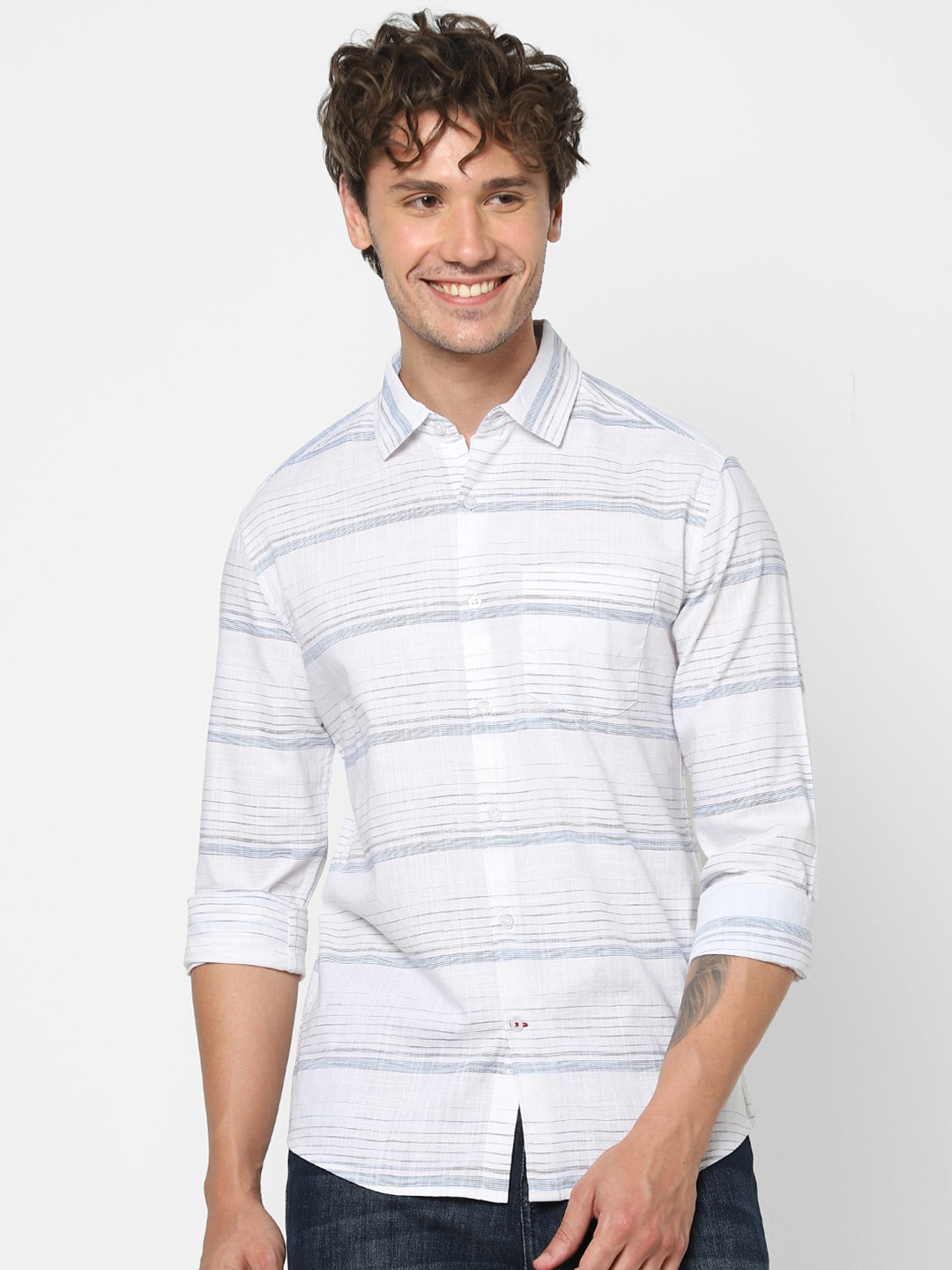 

VASTRADO Horizontal Stripes Chambray Cotton Casual Shirt, White