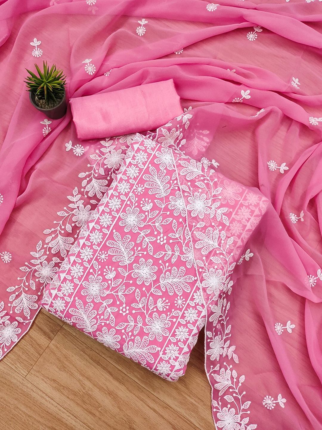 

KALINI Embroidered Unstitched Dress Material, Pink