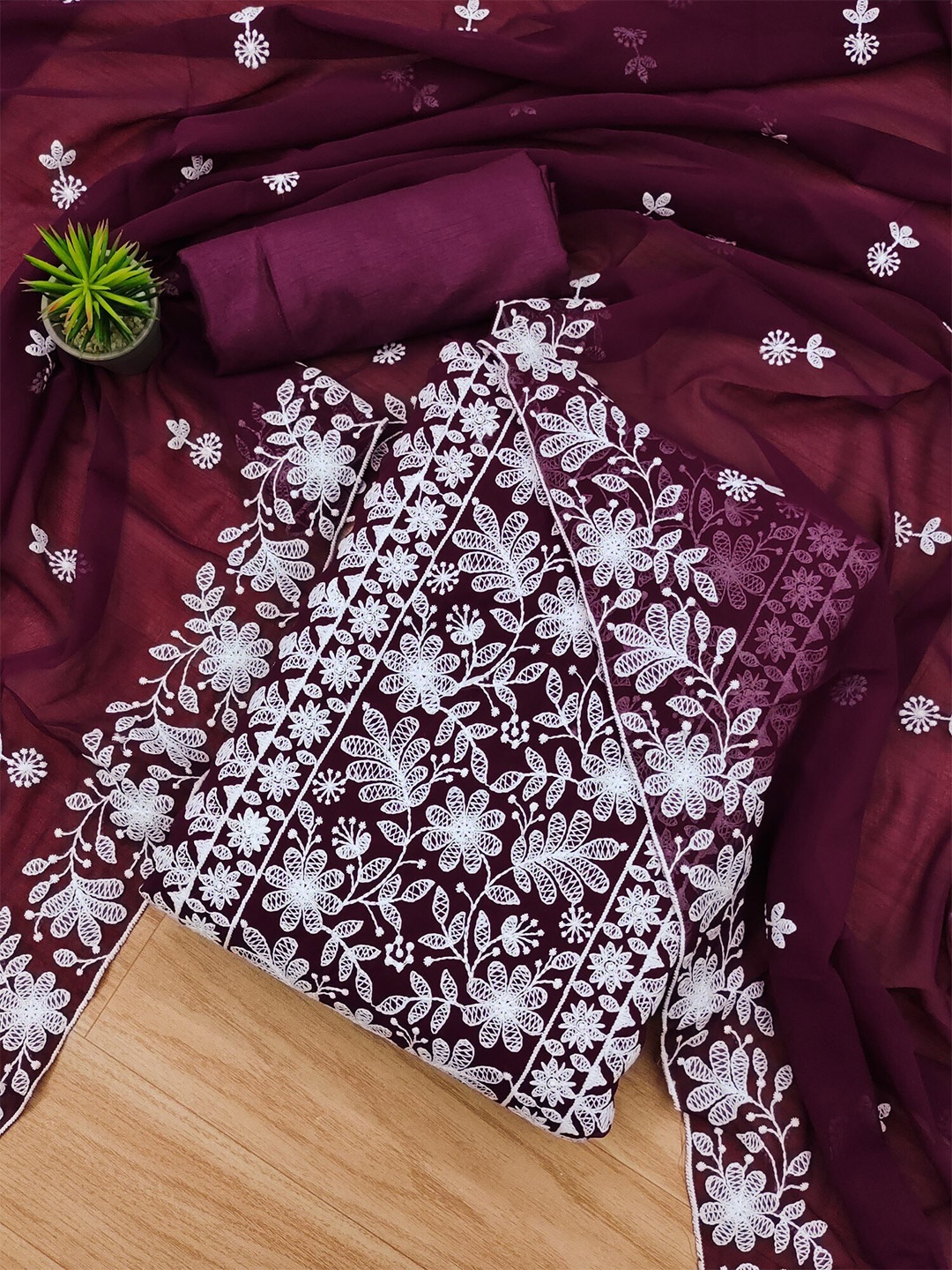 KALINI Floral Embroidered Unstitched Dress Material, Purple