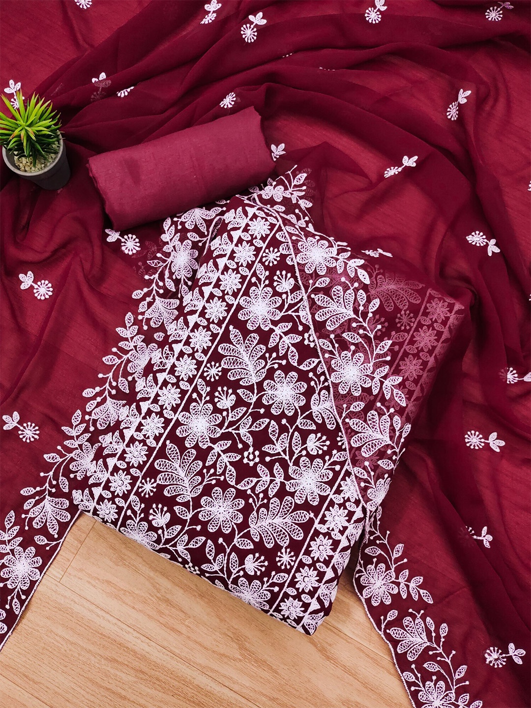 

KALINI Floral Embroidered Unstitched Dress Material, Maroon