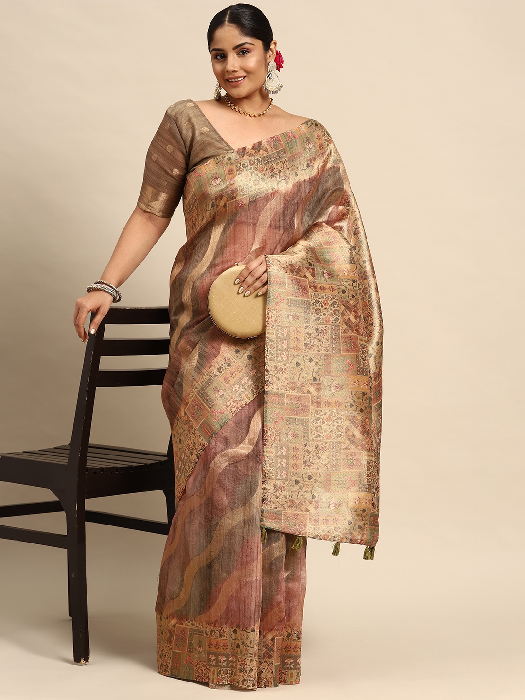 

Sztori Leheriya Zari Silk Cotton Banarasi Saree, Brown