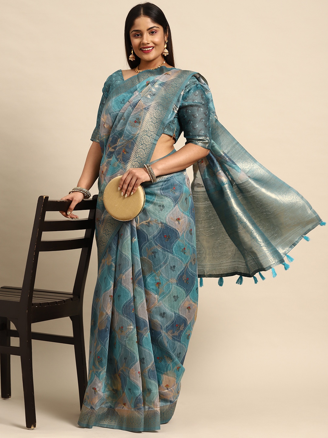 

Sztori Floral Zari Silk Cotton Banarasi Saree, Blue