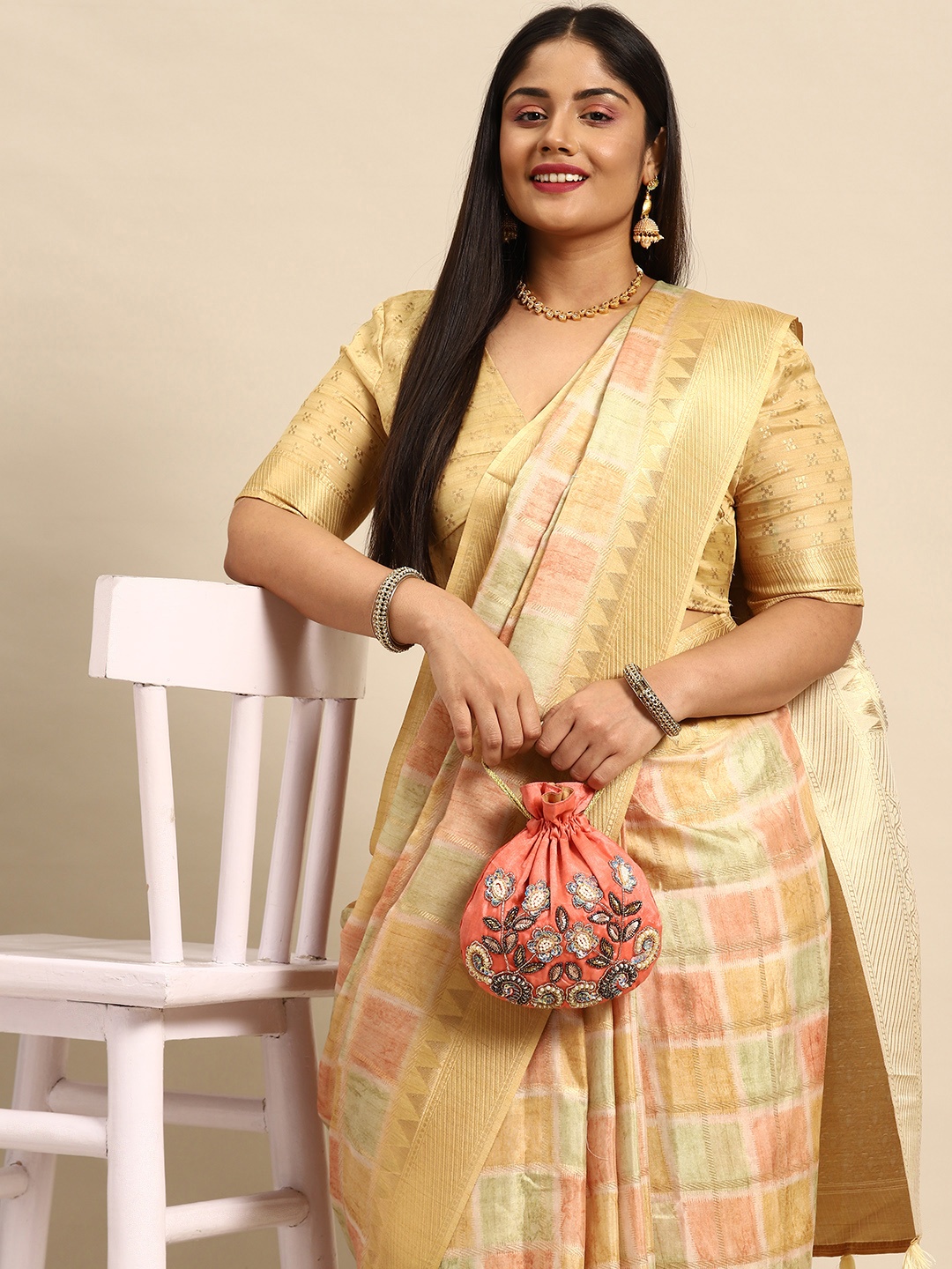 

Sztori Checked Zari Silk Cotton Banarasi Saree, Beige