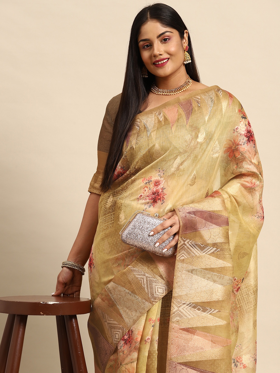 

Sztori Floral Zari Silk Cotton Banarasi Saree, Beige