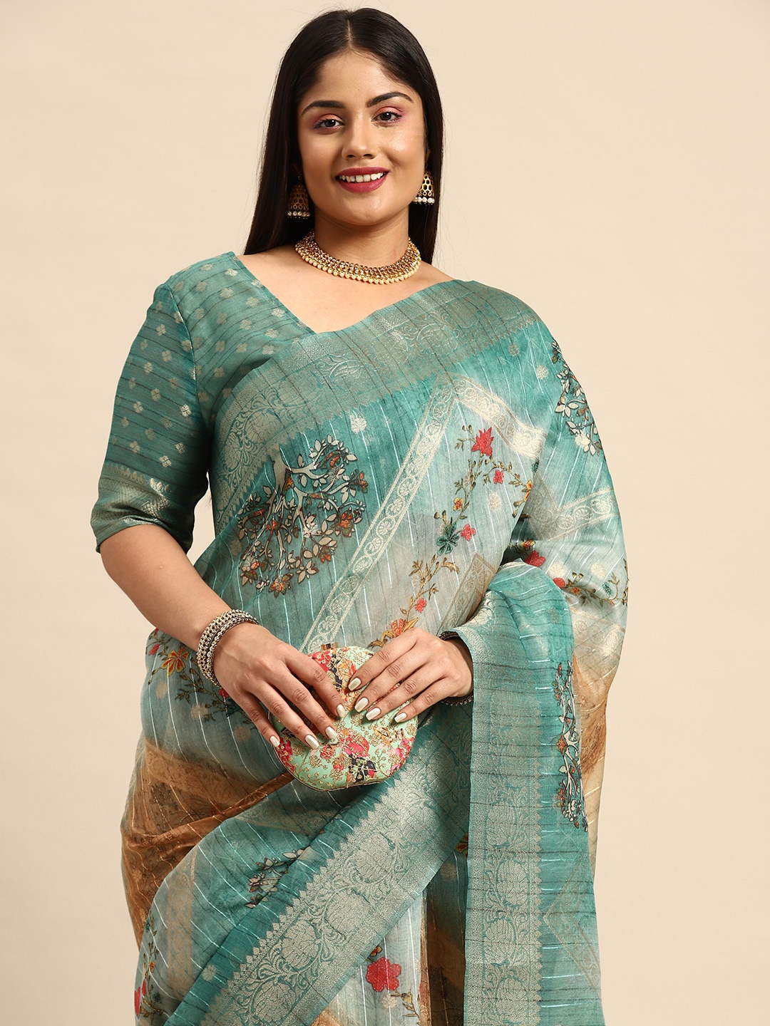 

Sztori Floral Zari Silk Cotton Banarasi Saree, Green