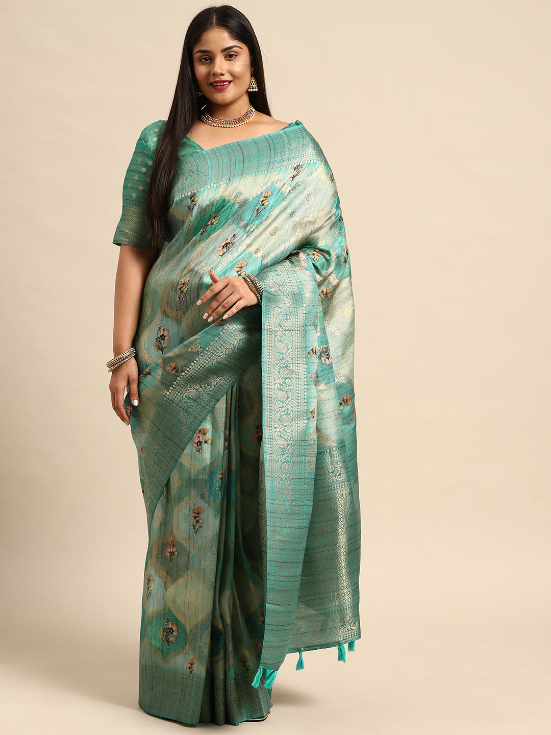 

Sztori Floral Zari Silk Cotton Banarasi Saree, Green