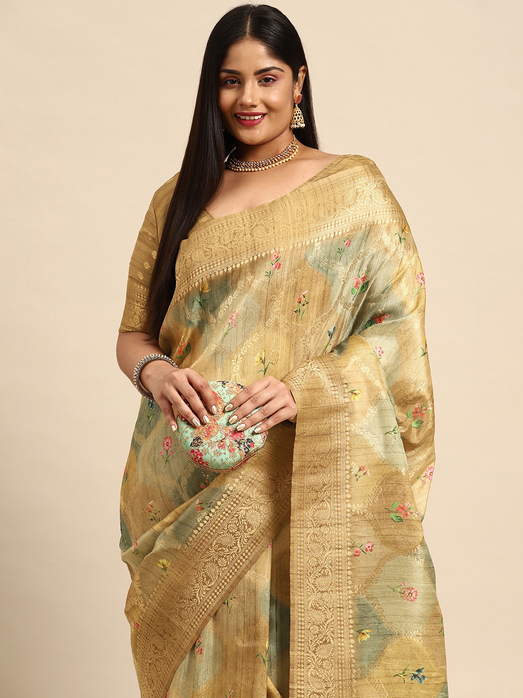 

Sztori Floral Zari Silk Cotton Banarasi Saree, Beige