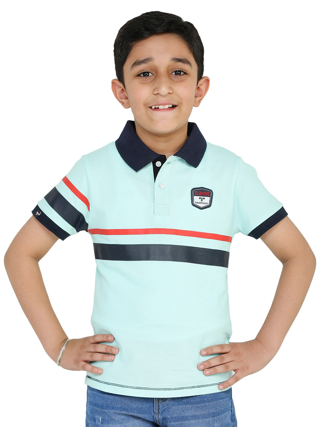 

toothless Boys Striped Polo Collar Cotton T-shirt, Turquoise blue