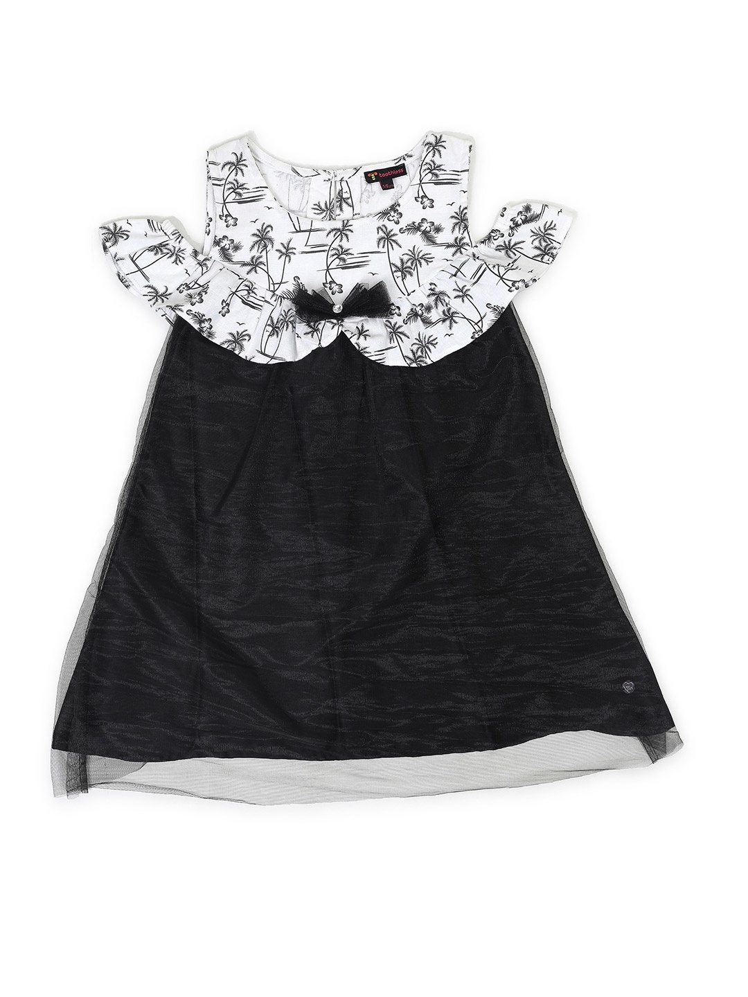 

toothless Girls Cold-Shoulder Sleeves Conversational Printed A-Line Cotton Dress, Black