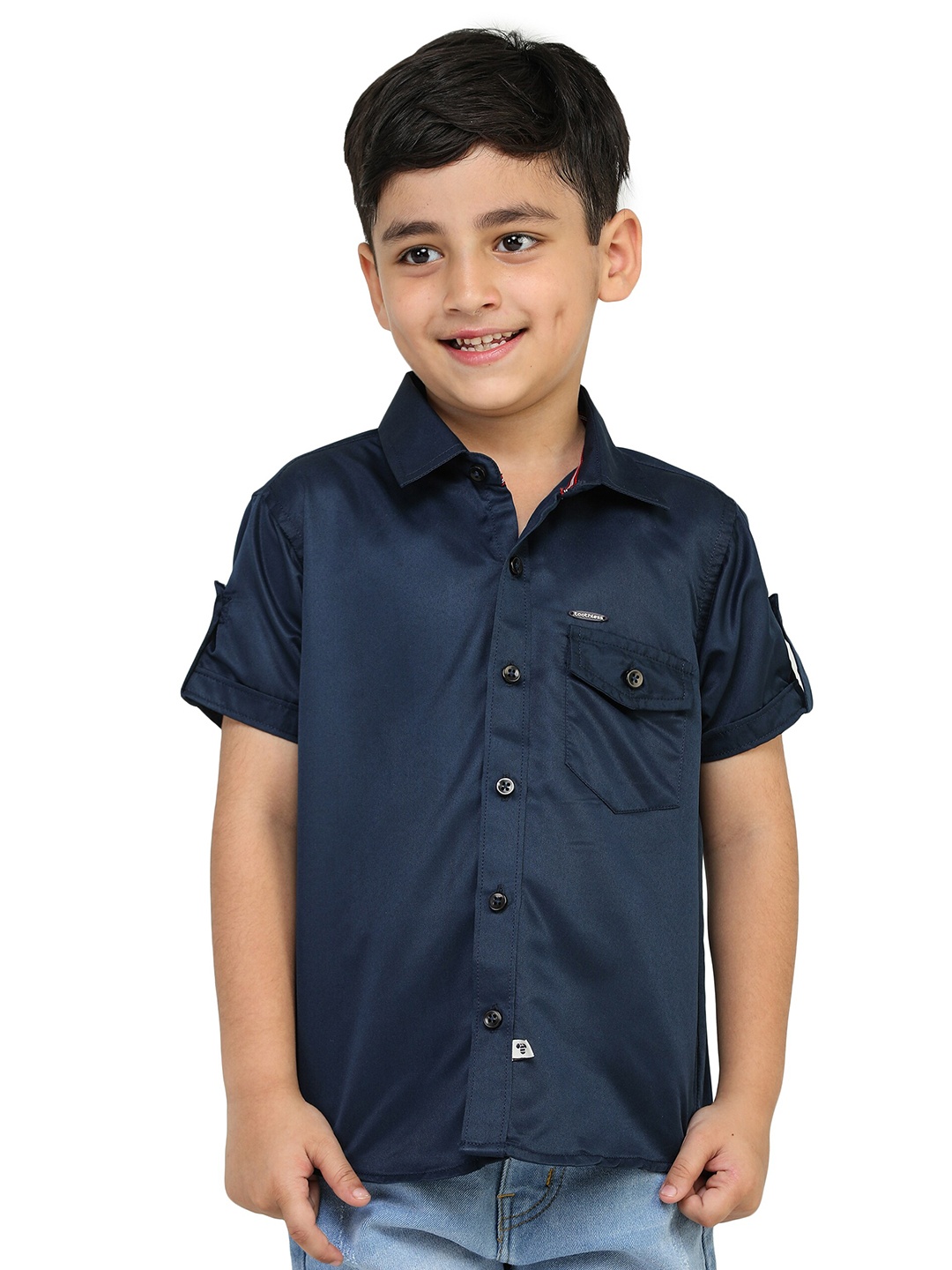 

toothless Boys Spread Collar Cotton Satin Shirt, Navy blue