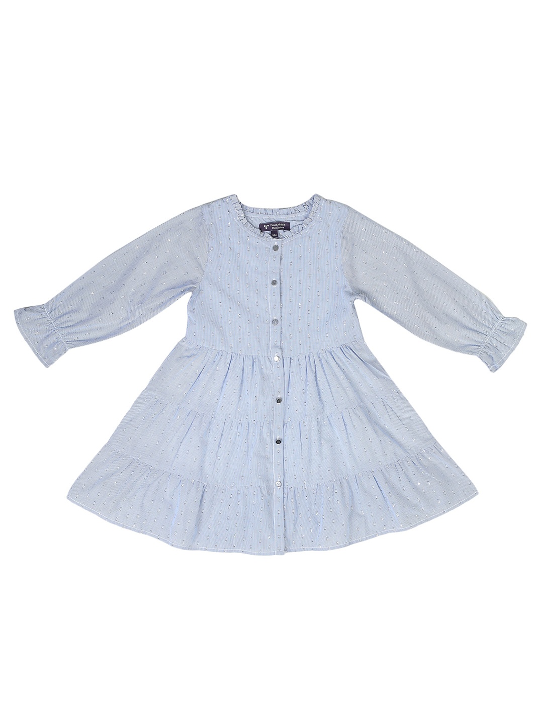 

toothless Girls Striped Puff Sleeves Ruffles Detail Tiered Fit & Flare Dress, Blue