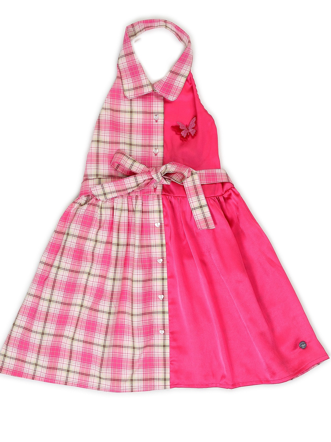 

toothless Girls Checked Halter Neck Belted Fit & Flare Cotton Dress, Pink