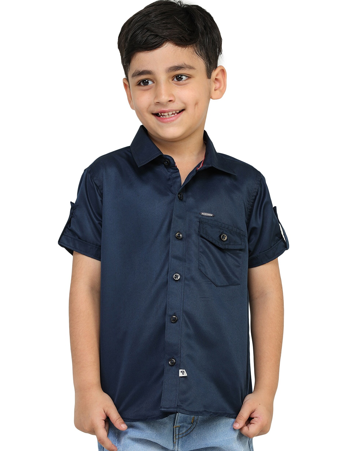 

toothless Boys Roll-Up Sleeves Cotton Satin Casual Shirt, Navy blue