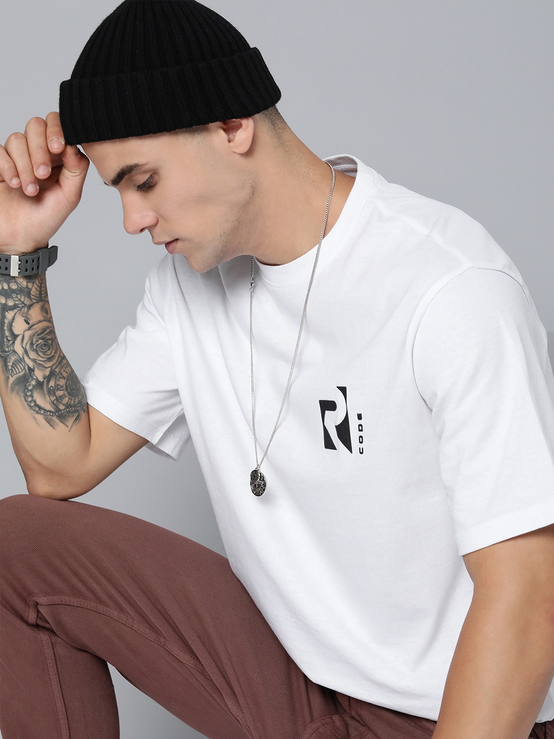 

R Code by The Roadster Life Co Men Brand Logo Printed Relaxed Fit T-shirt, White