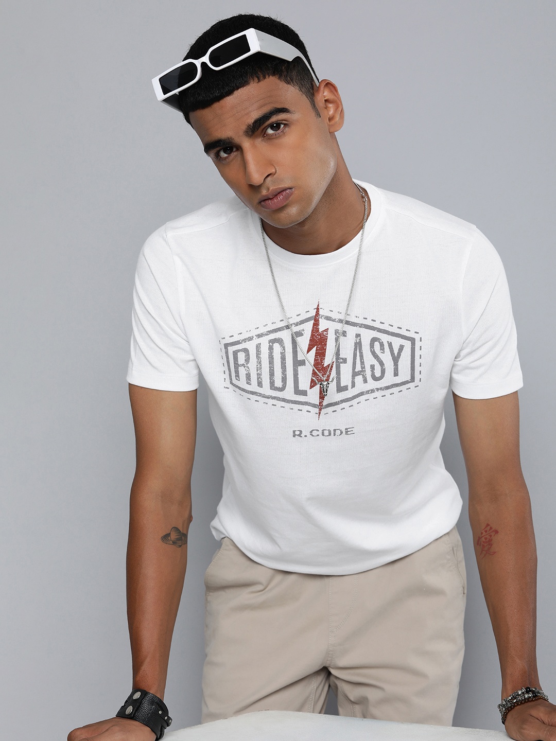 

R Code by The Roadster Life Co Men Typography Printed T-shirt, White